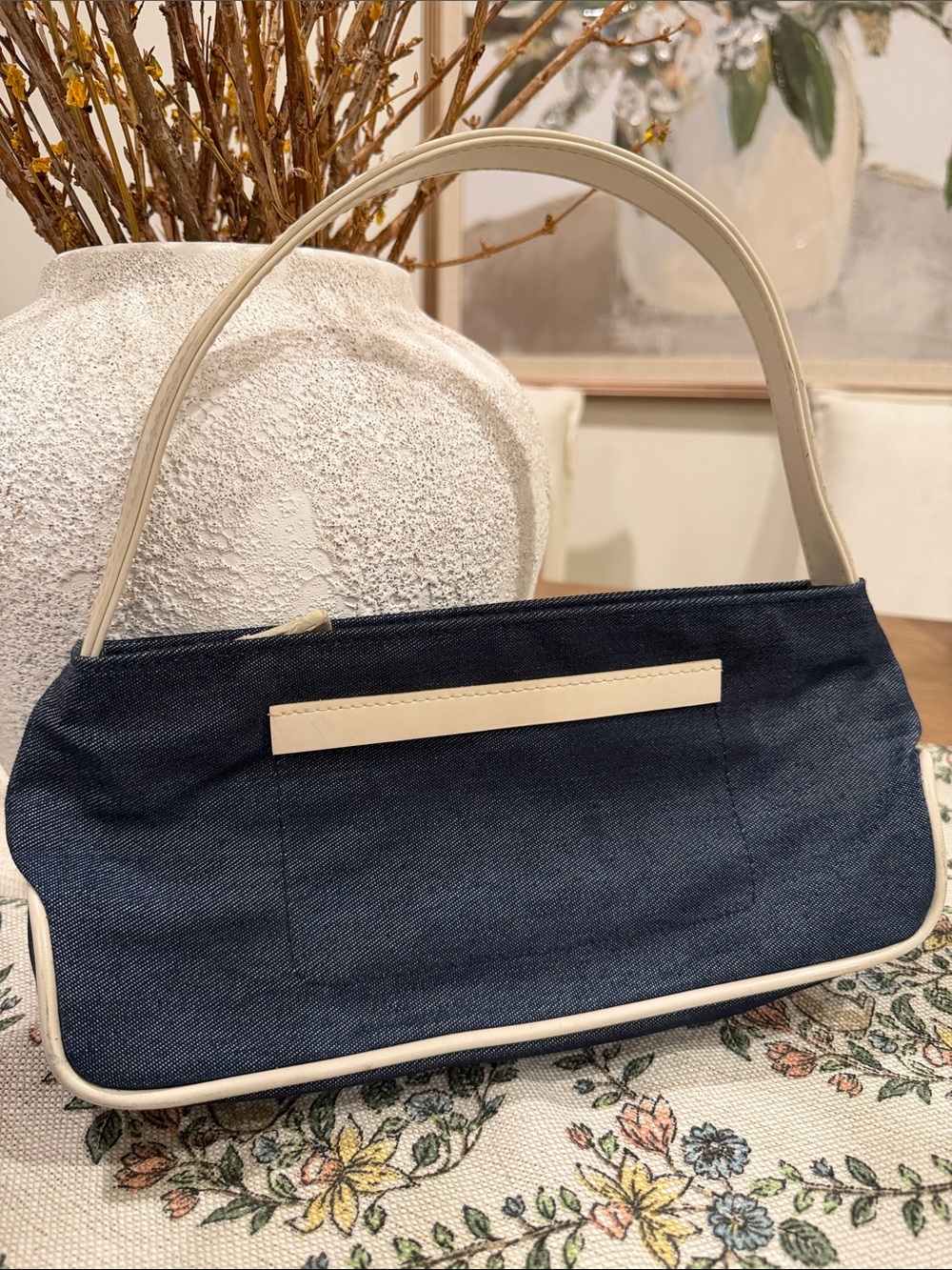 Estee Lauder Navy Denim Bag with Cream Trim